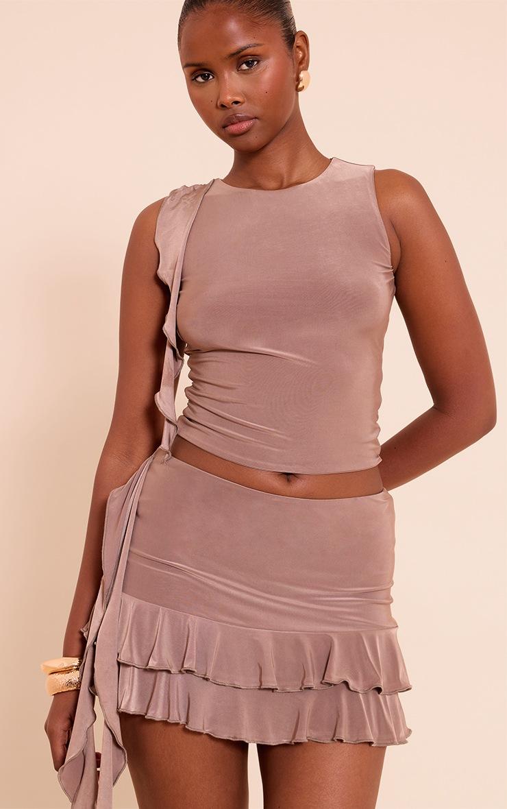 Pretty Little Thing Mushroom Slinky Ruffle Detail Top