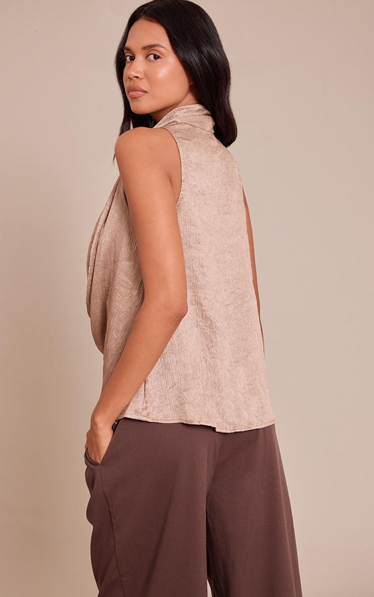 Pretty Little Thing Mushroom Textured Satin Cowl Neck Detail Long Top