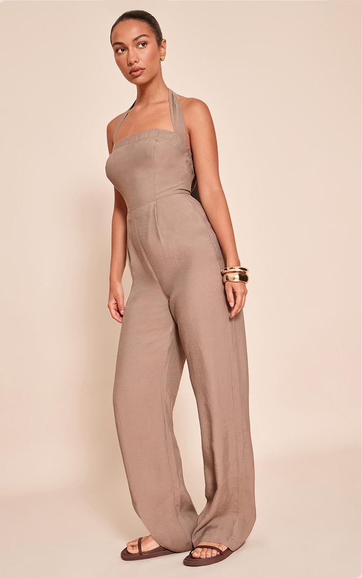 Pretty Little Thing Mushroom Woven Textured Halterneck Jumpsuit