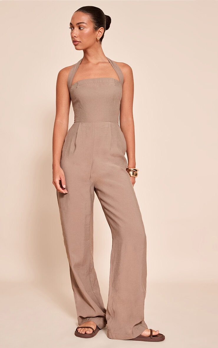 Pretty Little Thing Mushroom Woven Textured Halterneck Jumpsuit