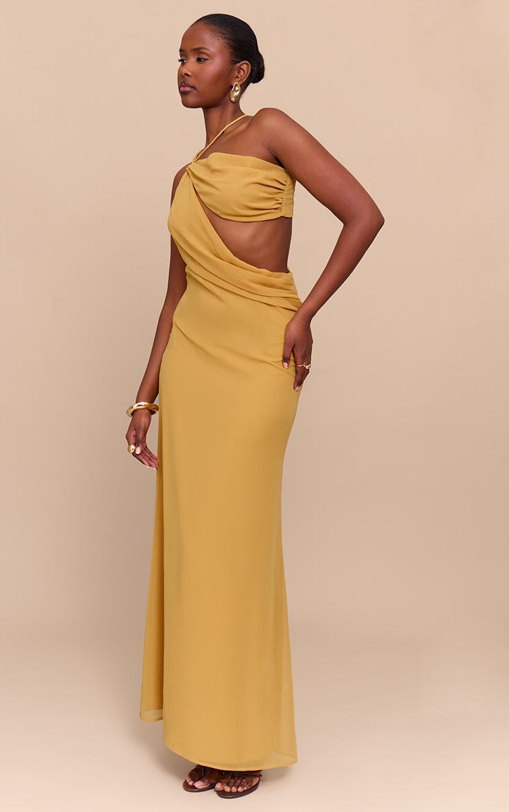 Pretty Little Thing Mustard Chiffon Cut Out Draped Maxi Dress