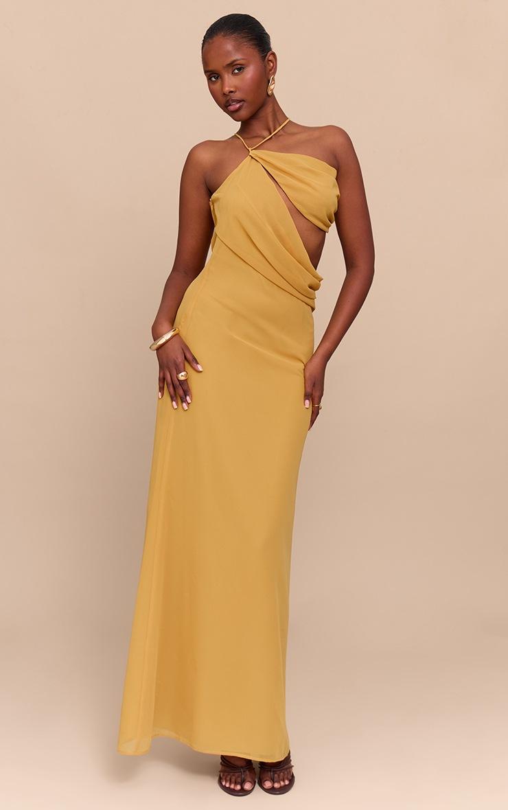 Pretty Little Thing Mustard Chiffon Cut Out Draped Maxi Dress
