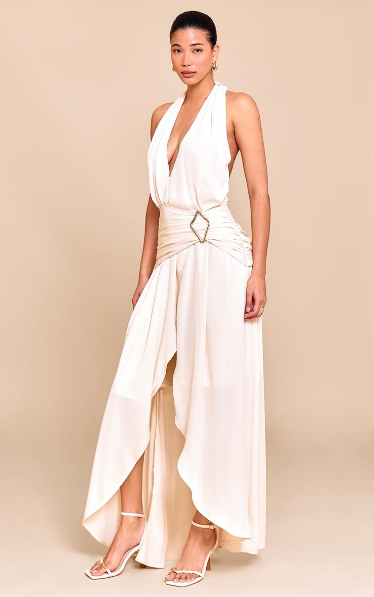 Pretty Little Thing Natural Chiffon Plunge Trim Detail Maxi Dress