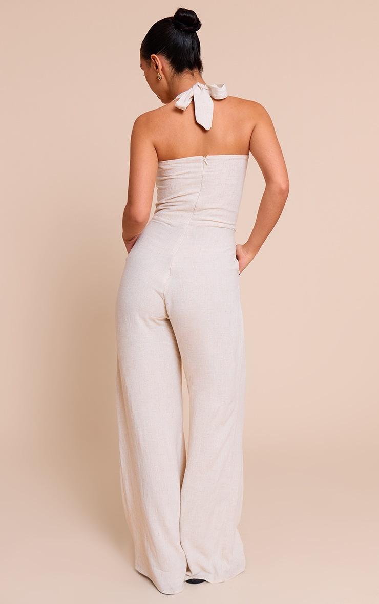 Pretty Little Thing Natural Linen Look Bandeau Wide Leg Jumpsuit