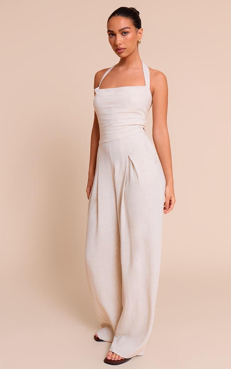 Pretty Little Thing Natural Linen Look Bandeau Wide Leg Jumpsuit