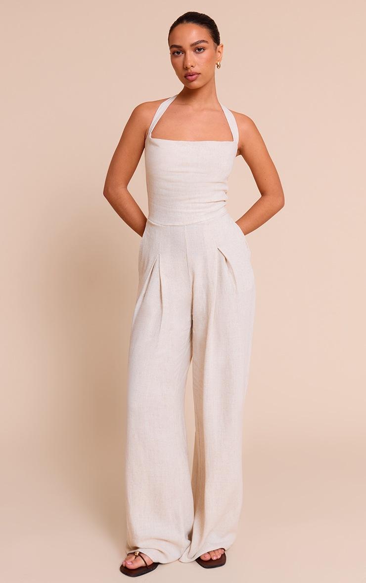 Pretty Little Thing Natural Linen Look Bandeau Wide Leg Jumpsuit