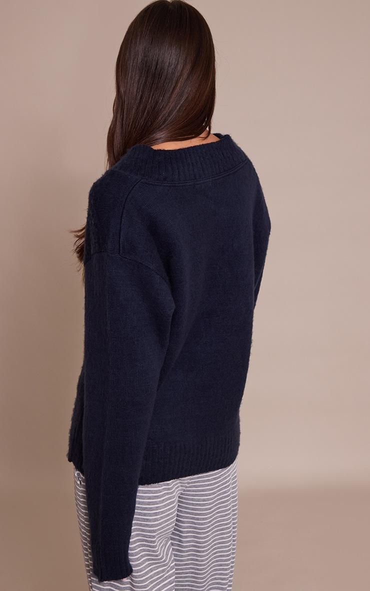 Pretty Little Thing Navy Brushed Laguna Knit V Neck Sweater