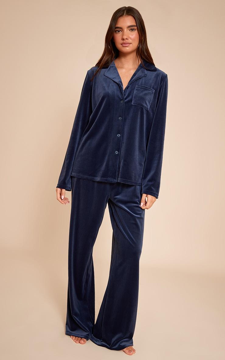 Pretty Little Thing Navy Button Up Fleece Cord Style Pajama Set