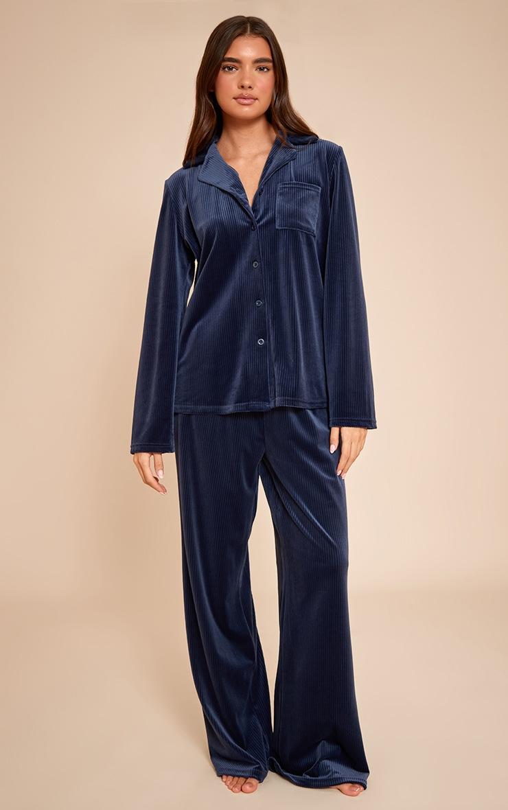 Pretty Little Thing Navy Button Up Fleece Cord Style Pajama Set
