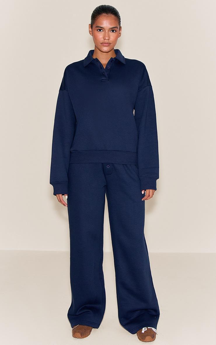 Pretty Little Thing Navy Button Up Long Sleeve Polo Sweatshirt