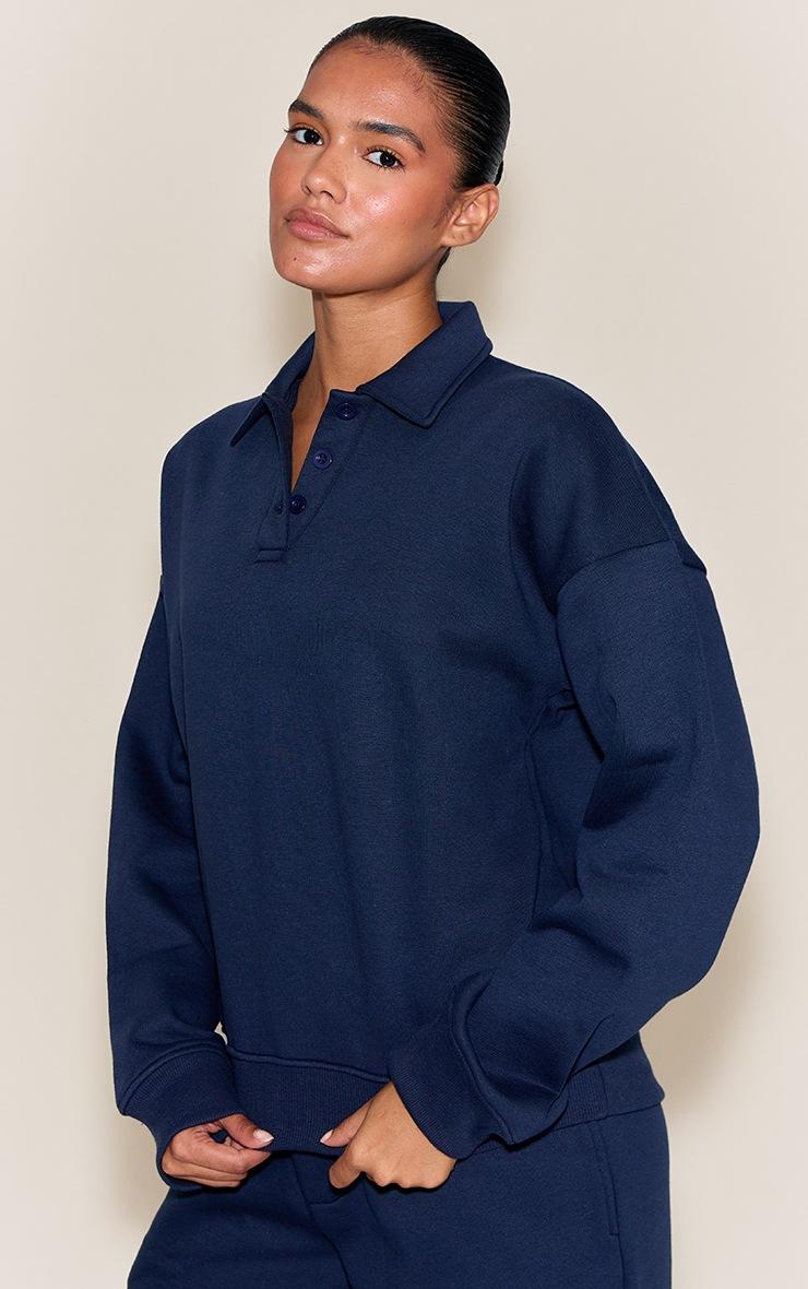 Pretty Little Thing Navy Button Up Long Sleeve Polo Sweatshirt
