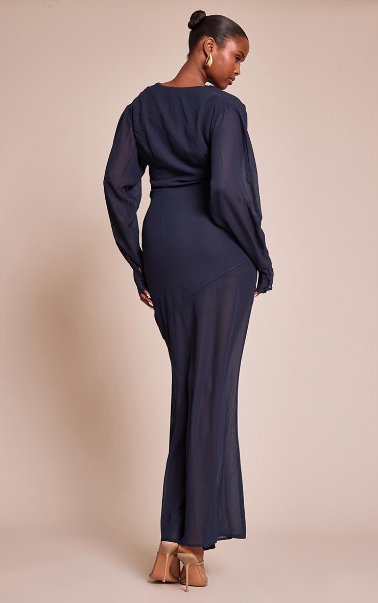 Pretty Little Thing Navy Chiffon Extreme Cowl Neck Long Sleeve Maxi Dress