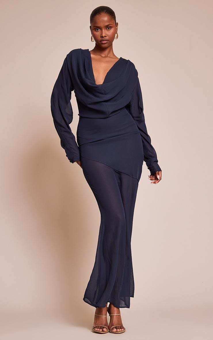 Pretty Little Thing Navy Chiffon Extreme Cowl Neck Long Sleeve Maxi Dress