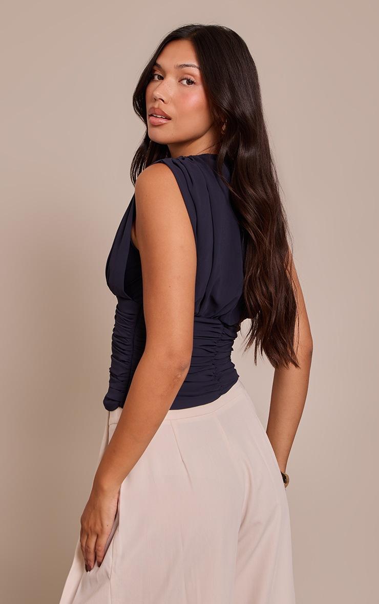 Pretty Little Thing Navy Chiffon Plunge Ruched Bodice Top