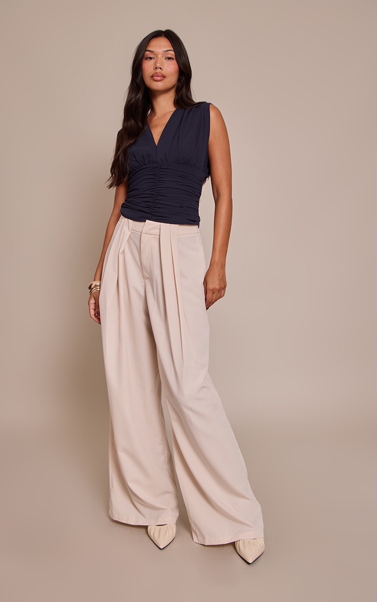 Pretty Little Thing Navy Chiffon Plunge Ruched Bodice Top