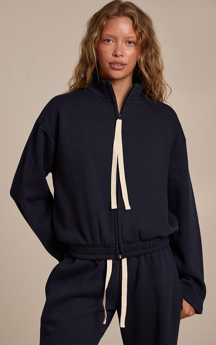 Pretty Little Thing Navy Contrast Drawcord Funnel Neck Sweatshirt