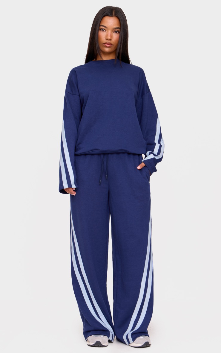 Pretty Little Thing Navy Contrast Striped Wide Leg Sweatpants