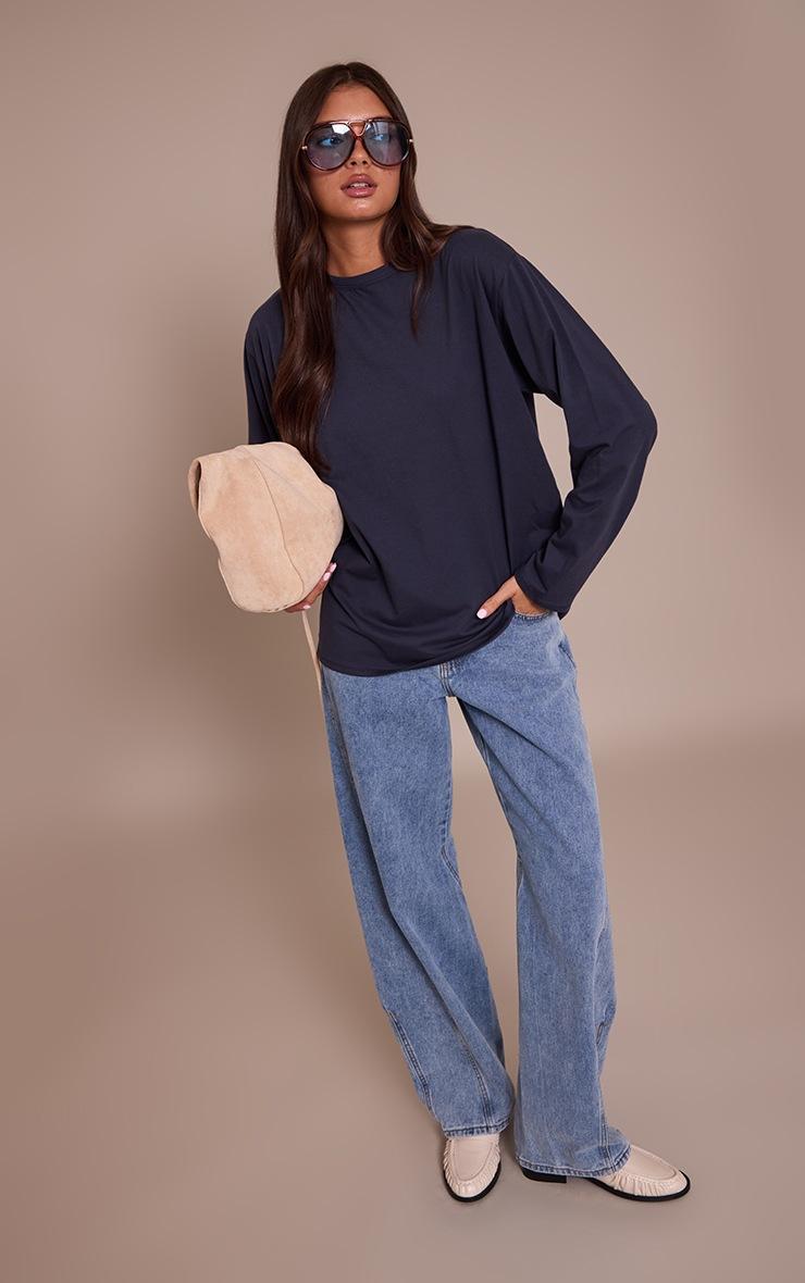 Pretty Little Thing Navy Cotton Basic Oversized Long Sleeve T-shirt