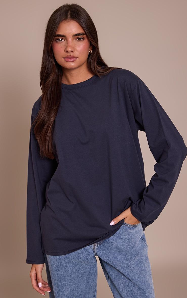 Pretty Little Thing Navy Cotton Basic Oversized Long Sleeve T-shirt