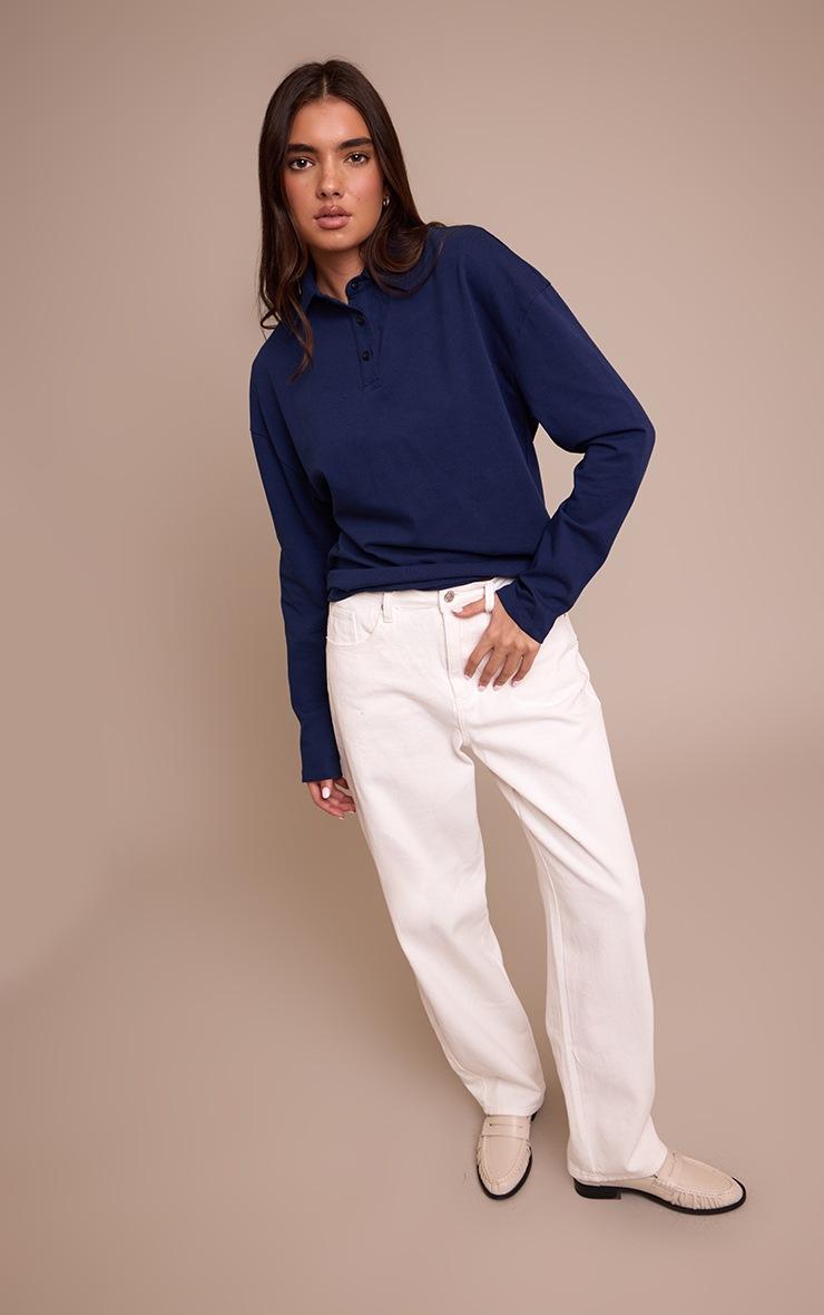 Pretty Little Thing Navy Cotton Polo Collar Long Sleeve Top