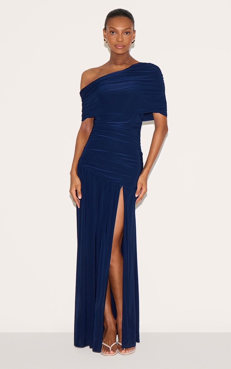 Pretty Little Thing Navy Double Layer Slinky Bardot One Shoulder Ruched Maxi Dress