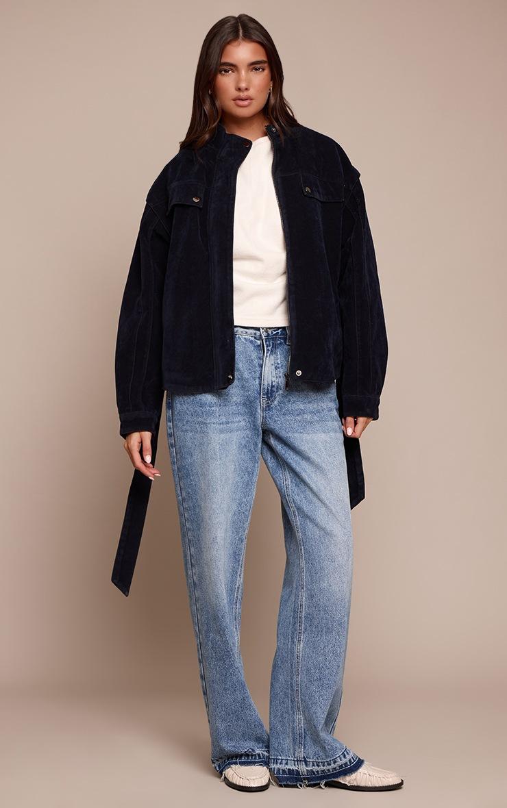 Pretty Little Thing Navy Faux Suede Belted Drop Waist Jacket