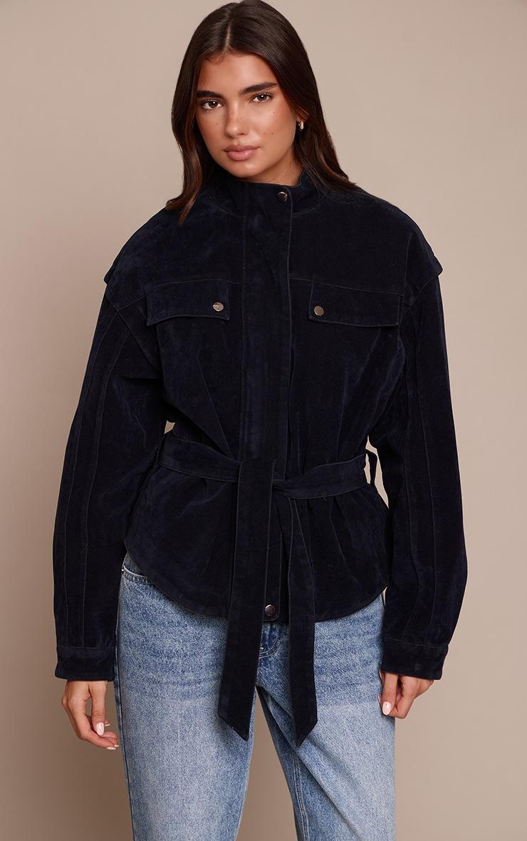 Pretty Little Thing Navy Faux Suede Belted Drop Waist Jacket