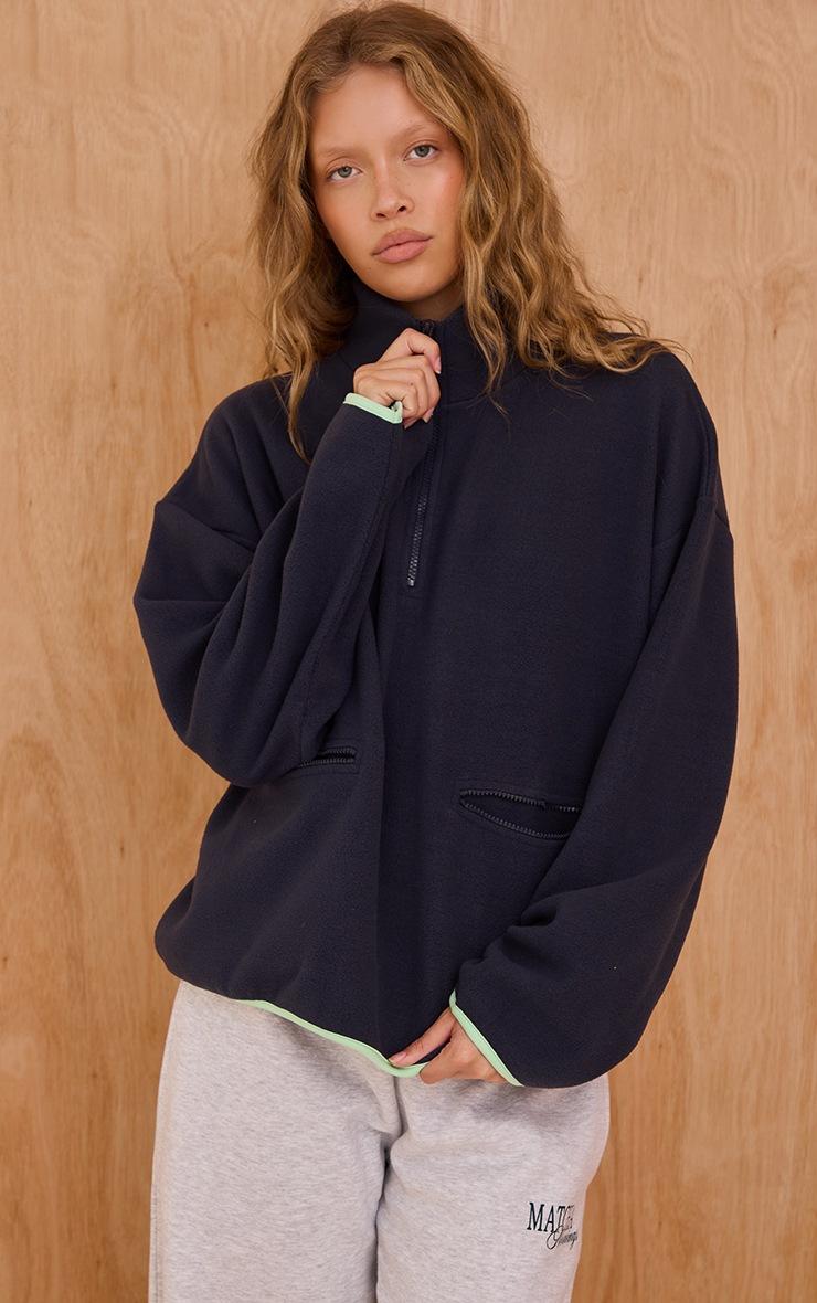 Pretty Little Thing Navy Fleece Quarter Zip Pocket Detail Sweatshirt