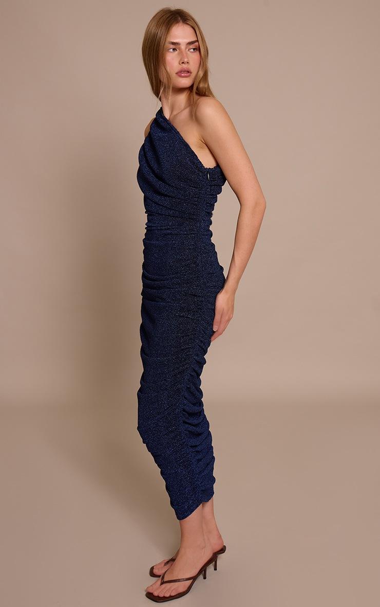 Pretty Little Thing Navy Glitter Plisse Ruched One Shoulder Midi Dress