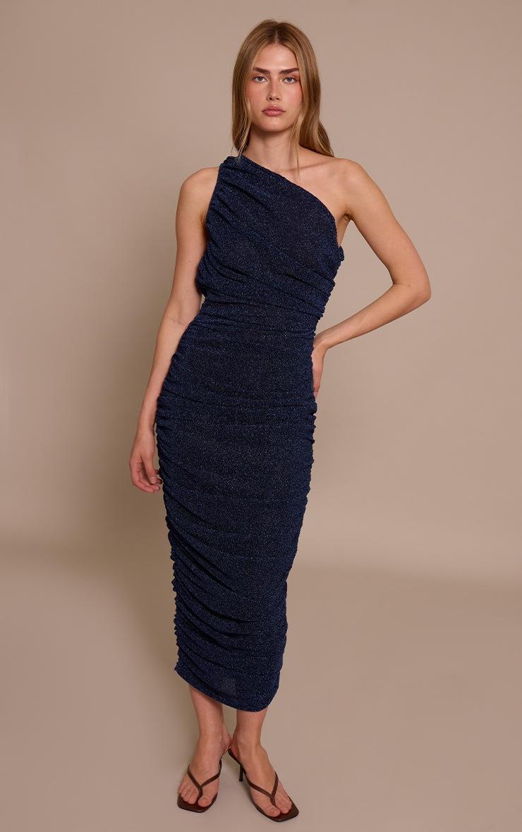Pretty Little Thing Navy Glitter Plisse Ruched One Shoulder Midi Dress
