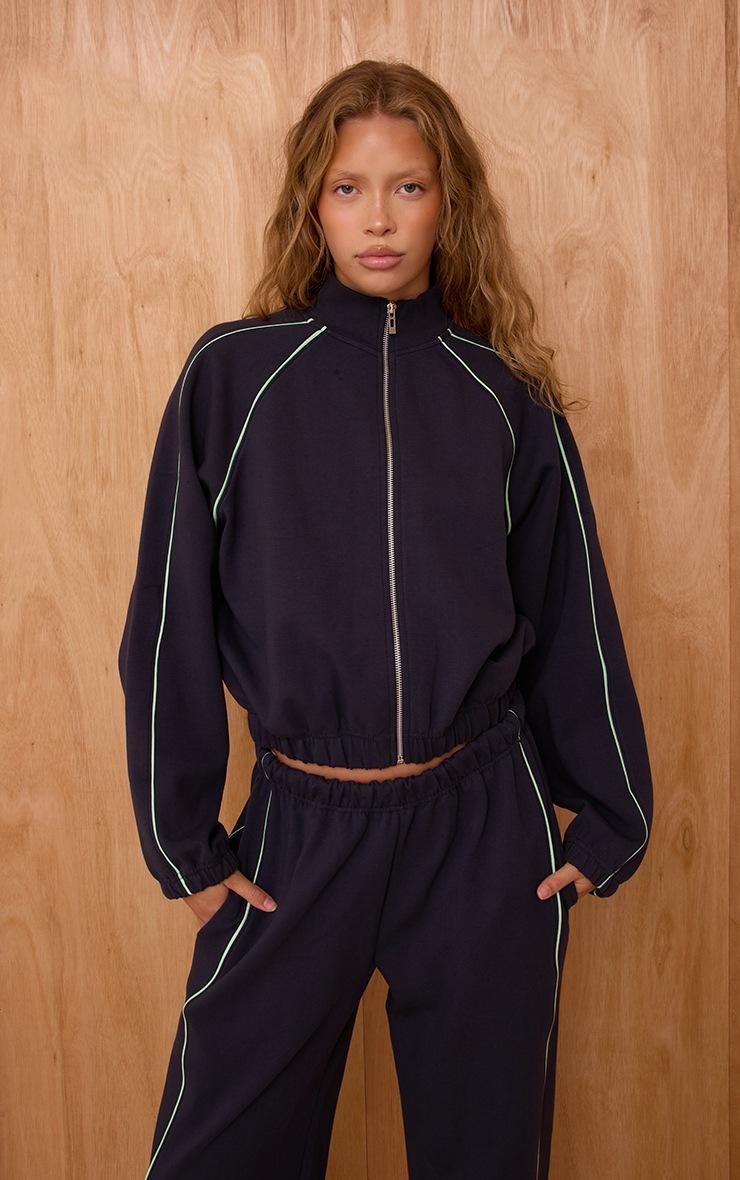 Pretty Little Thing Navy Interlock Contrast Piping Bomber Sweatshirt