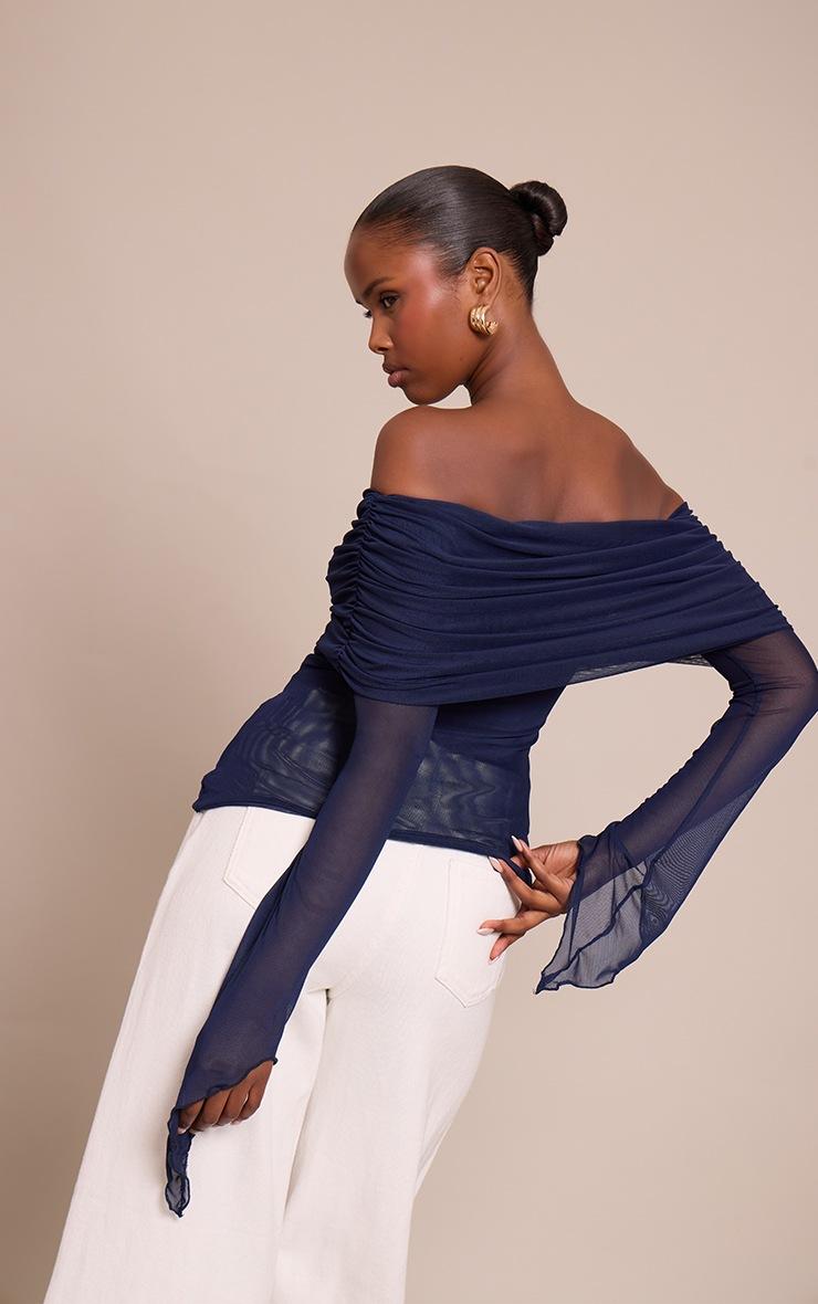 Pretty Little Thing Navy Mesh Fold Over Extreme Sleeve Detail Top