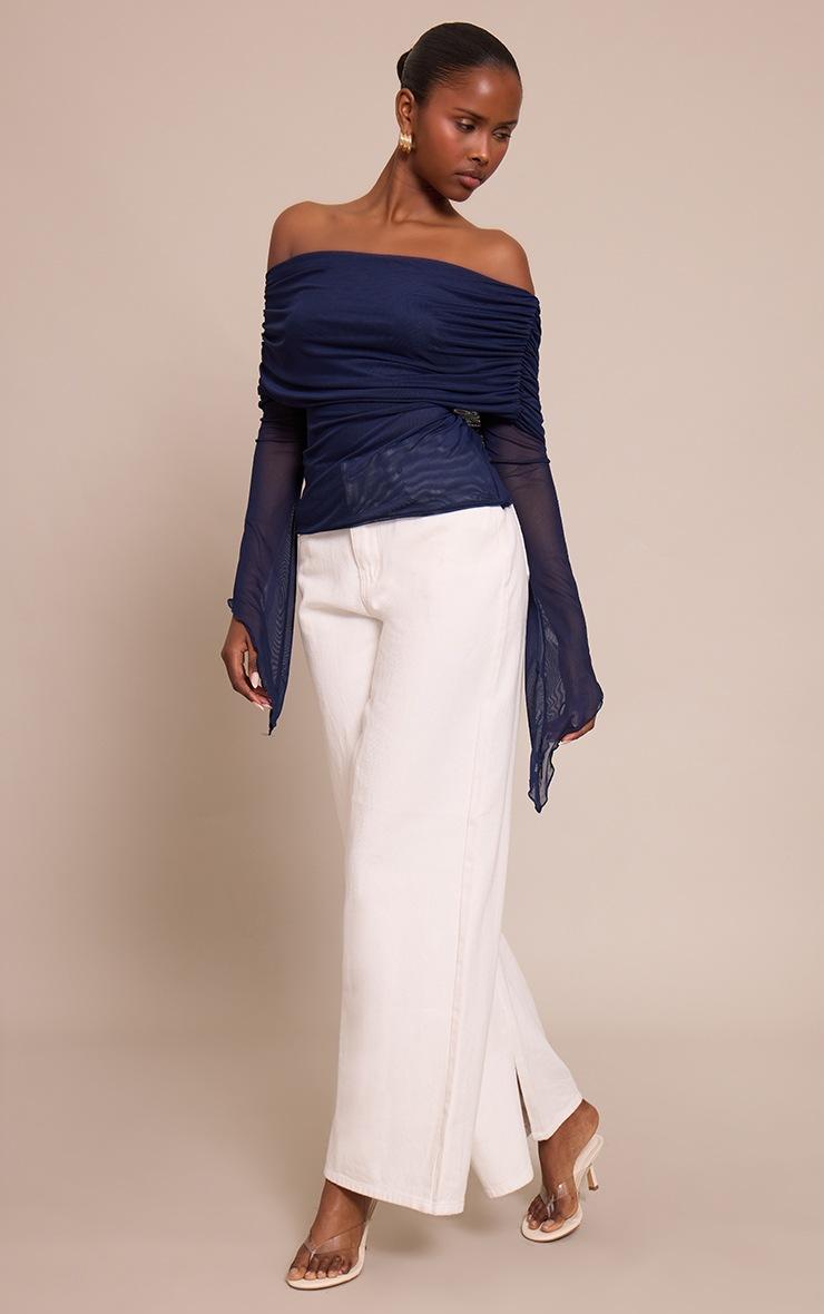 Pretty Little Thing Navy Mesh Fold Over Extreme Sleeve Detail Top