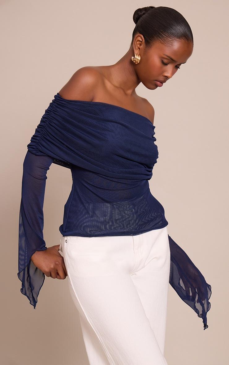 Pretty Little Thing Navy Mesh Fold Over Extreme Sleeve Detail Top