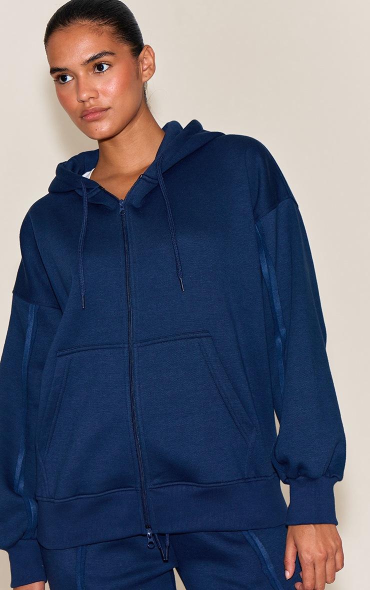 Pretty Little Thing Navy Oversized Zip Through Seam Detail Hoodie