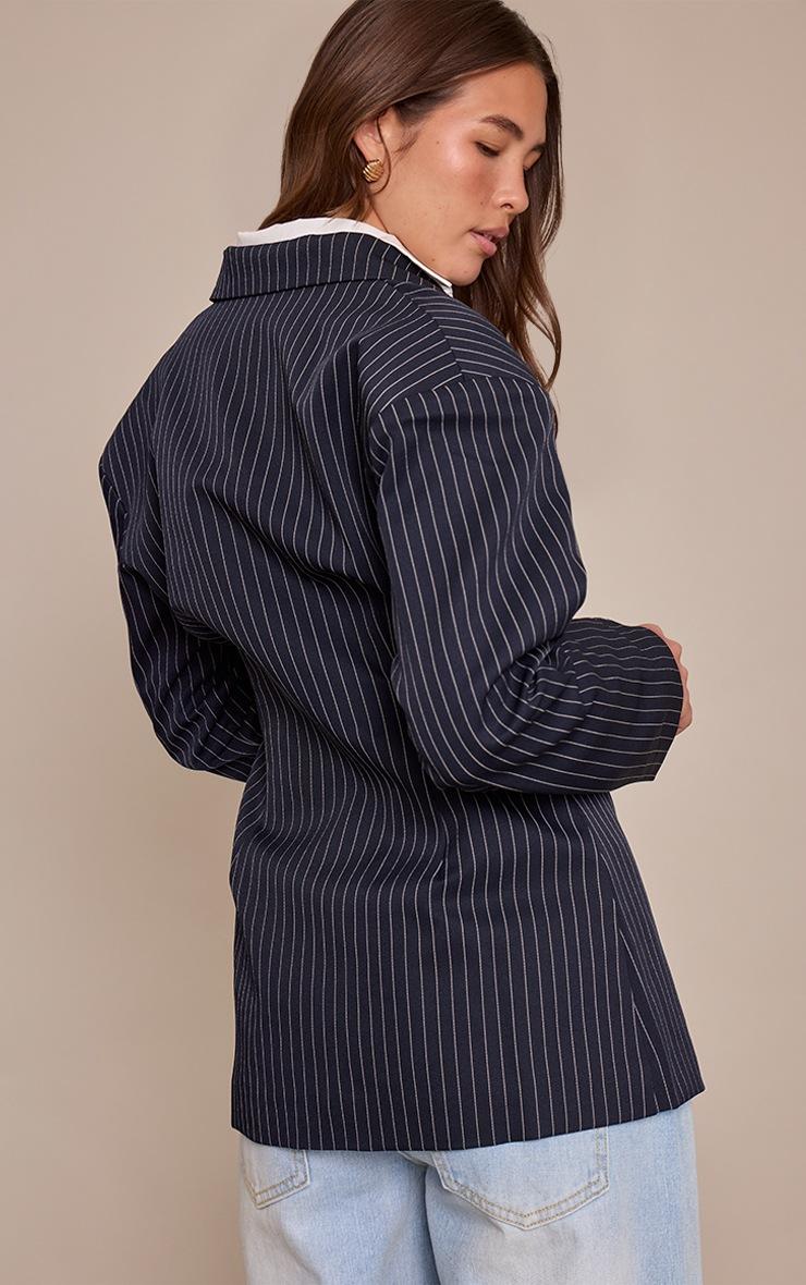 Pretty Little Thing Navy Pinstripe Gathered Cinched Waist Blazer