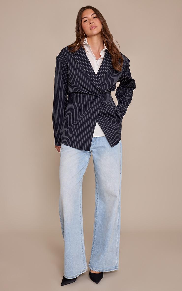 Pretty Little Thing Navy Pinstripe Gathered Cinched Waist Blazer