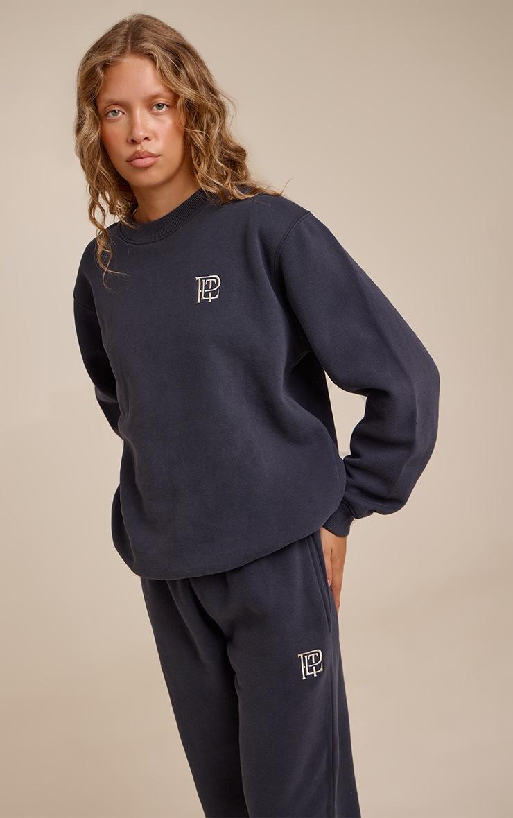 Pretty Little Thing Navy PLT Embroidered Cotton Fleece Oversized Crew Sweatshirt