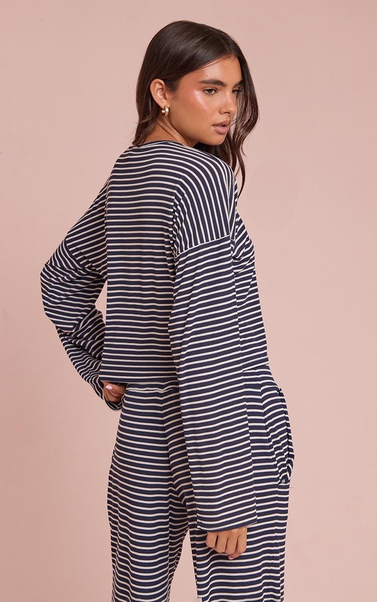 Pretty Little Thing Navy Ribbed Stripe Oversized Slouchy Long Sleeve Top