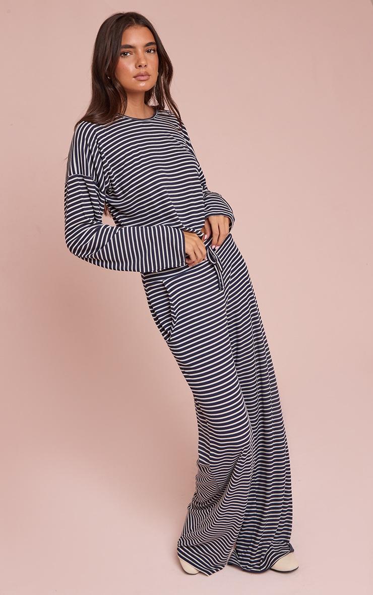 Pretty Little Thing Navy Ribbed Stripe Oversized Slouchy Long Sleeve Top