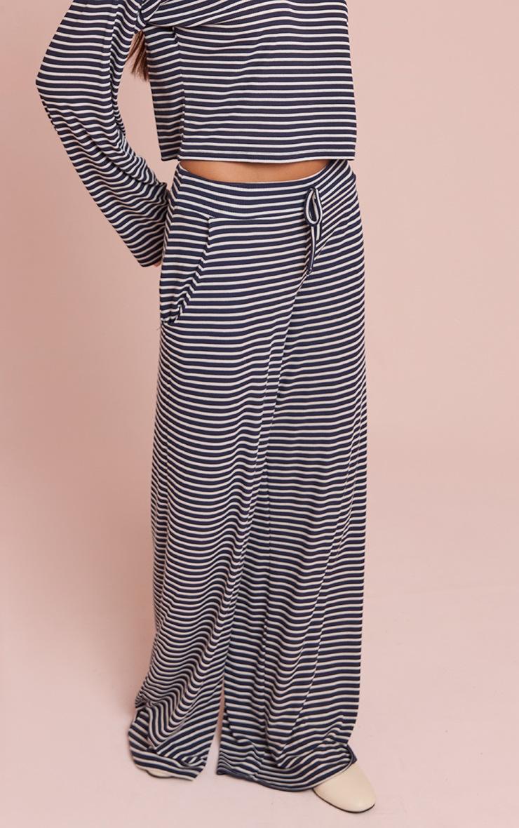 Pretty Little Thing Navy Ribbed Striped Drawstring Wide Leg Pant