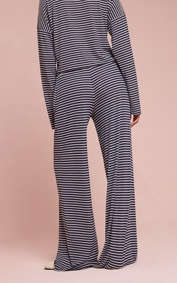 Pretty Little Thing Navy Ribbed Striped Drawstring Wide Leg Pant