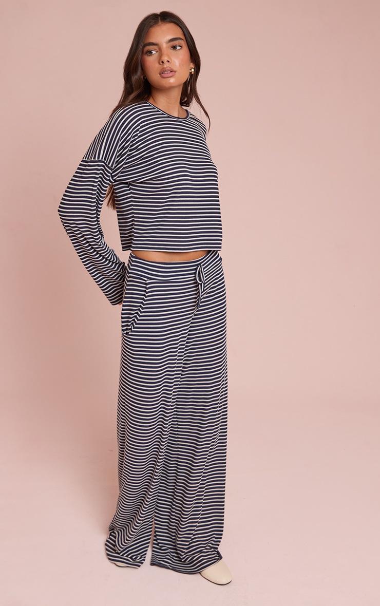 Pretty Little Thing Navy Ribbed Striped Drawstring Wide Leg Pant