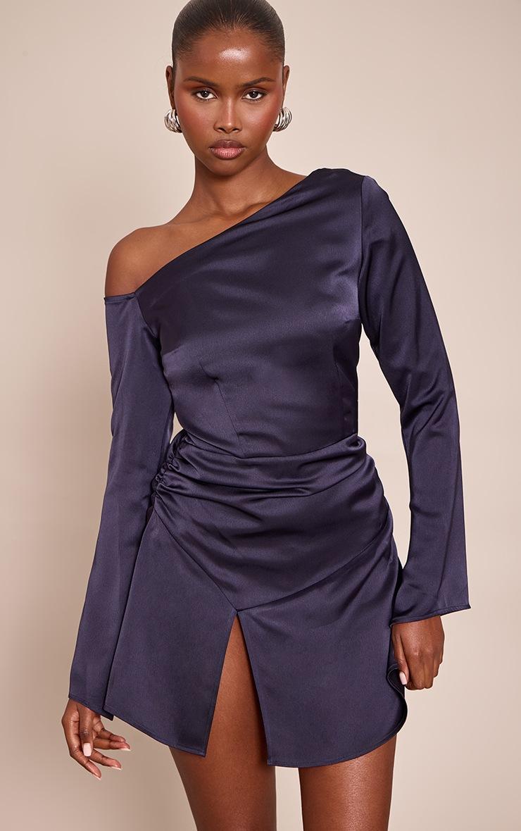 Pretty Little Thing Navy Satin Asymmetric Long Sleeve Mini Shift Dress