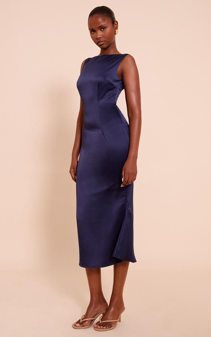 Pretty Little Thing Navy Satin Boat Neck Fishtail Midaxi Dress