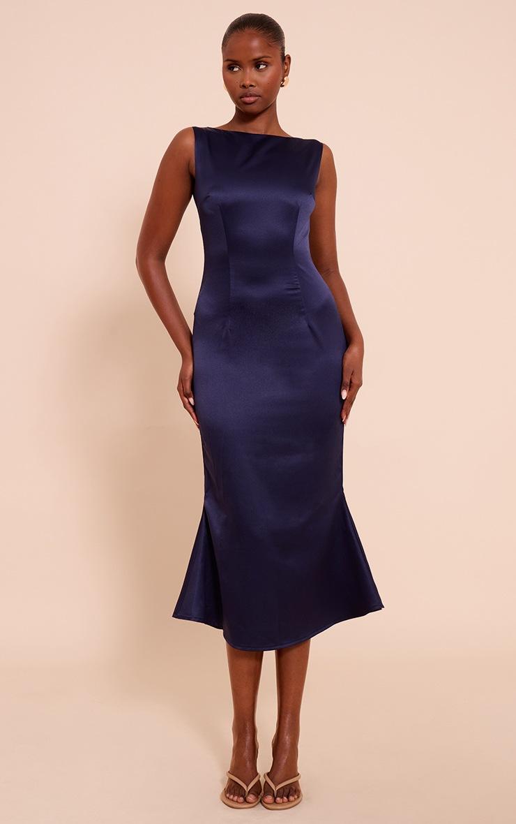 Pretty Little Thing Navy Satin Boat Neck Fishtail Midaxi Dress