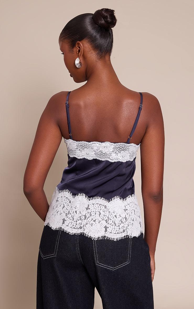 Pretty Little Thing Navy Satin Button Up Lace Detail Cami