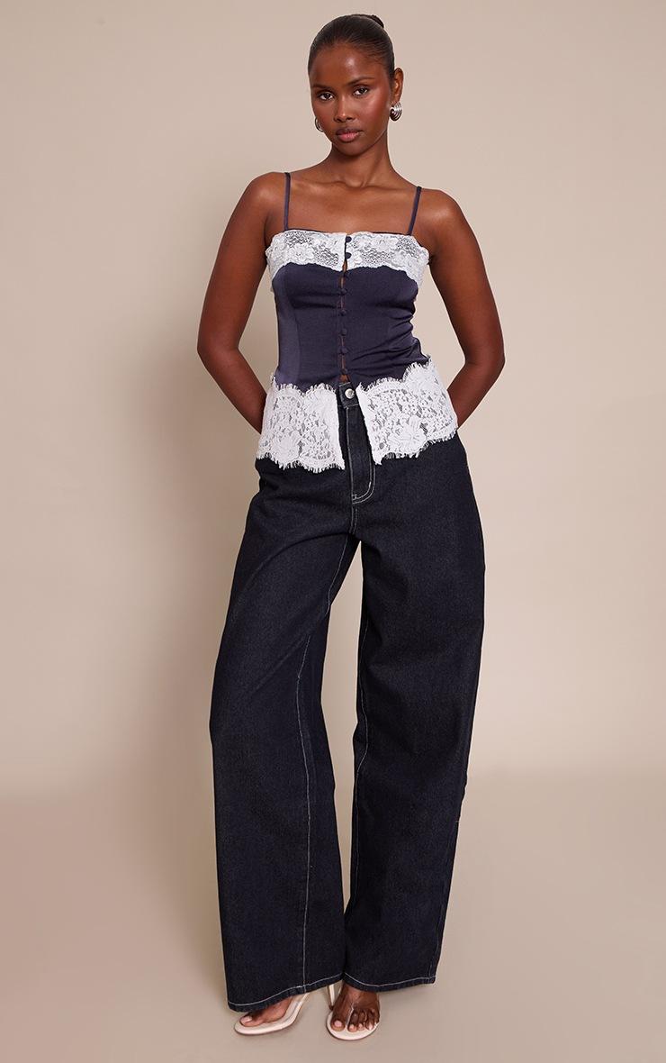 Pretty Little Thing Navy Satin Button Up Lace Detail Cami