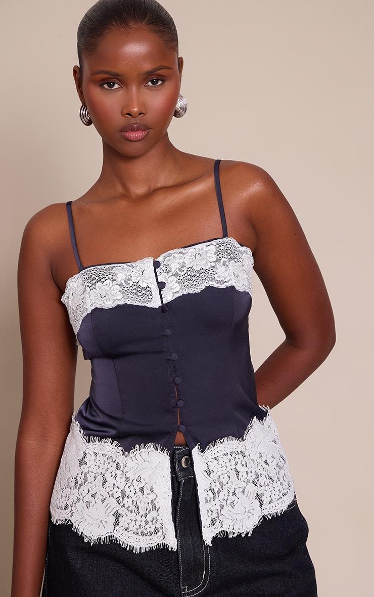 Pretty Little Thing Navy Satin Button Up Lace Detail Cami