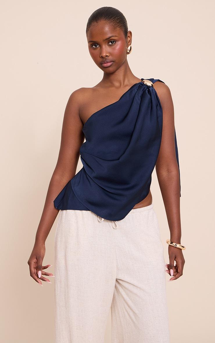 Pretty Little Thing Navy Satin Drape Trim Detail Top